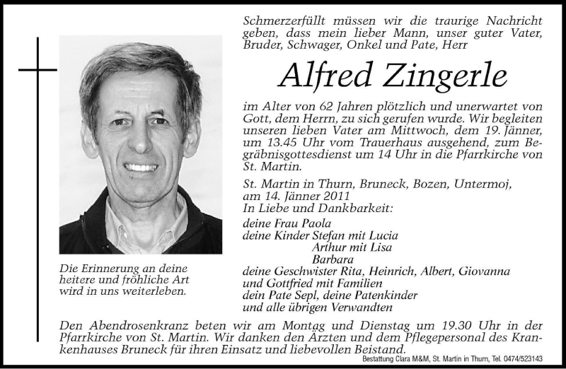  Traueranzeige für Alfred Zingerle vom 17.01.2011 aus Dolomiten