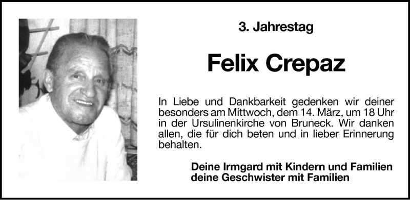  Traueranzeige für Felix Crepaz vom 13.03.2001 aus Dolomiten