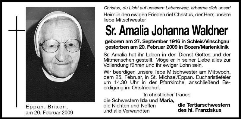  Traueranzeige für Amalia Johanna Waldner vom 23.02.2009 aus Dolomiten