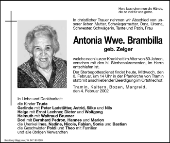 Traueranzeige von Antonia Brambilla von Dolomiten