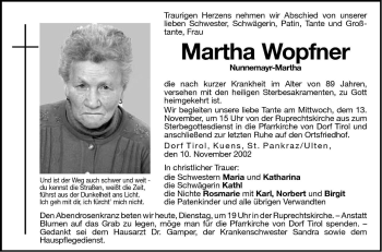 Traueranzeige von Martha Wopfner von Dolomiten