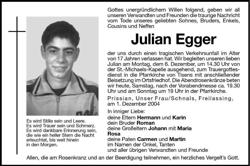  Traueranzeige für Julian Egger vom 04.12.2004 aus Dolomiten