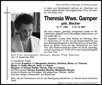 Traueranzeige von Theresia Gamper von Dolomiten