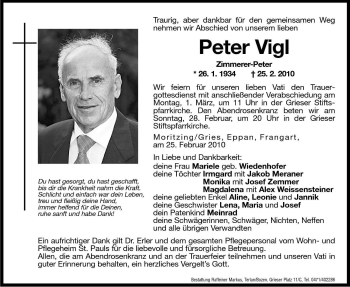 Traueranzeige von Peter Vigl von Dolomiten