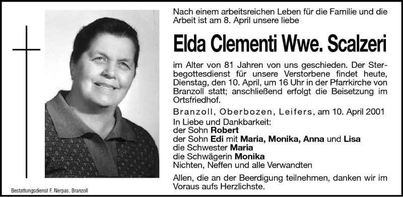  Traueranzeige für Elda Scalzeri vom 10.04.2001 aus Dolomiten