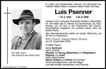 Traueranzeige von Luis Psenner von Dolomiten