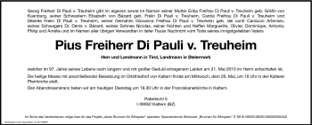 Traueranzeige von Pius Di Pauli v. Treuheim von Dolomiten