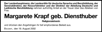 Traueranzeige von Margarete Krapf von Dolomiten