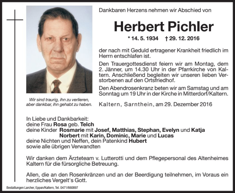 Traueranzeige für Herbert Pichler vom 30.12.2016 aus Dolomiten