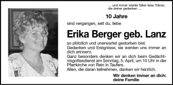 Traueranzeige von Erika Berger von Dolomiten