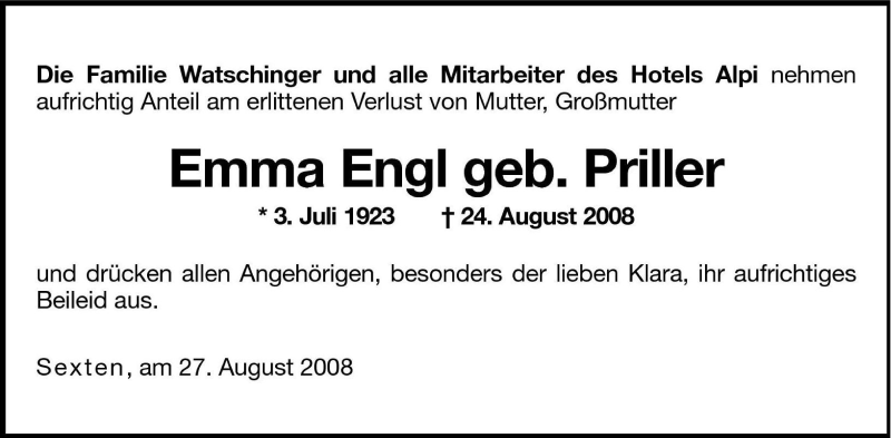  Traueranzeige für Emma Engl vom 28.08.2008 aus Dolomiten