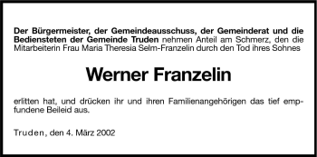 Traueranzeige von Werner Franzelin von Dolomiten