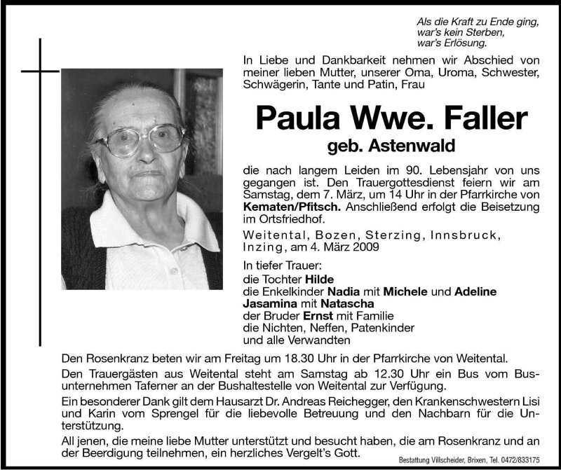  Traueranzeige für Paula Faller vom 05.03.2009 aus Dolomiten