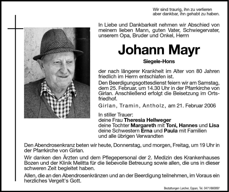  Traueranzeige für Johann Mayr vom 23.02.2006 aus Dolomiten