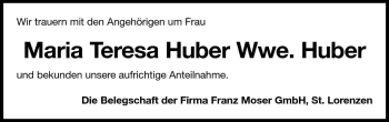 Traueranzeige von Maria Teresa Huber von Dolomiten