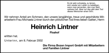Traueranzeige von Heinrich Lintner von Dolomiten