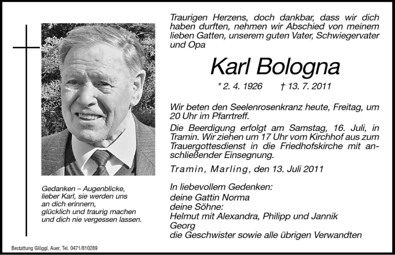  Traueranzeige für Karl Bologna vom 15.07.2011 aus Dolomiten