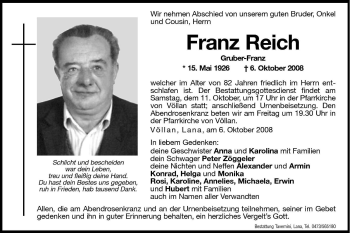 Traueranzeigen Von Franz Reich | Trauer.bz