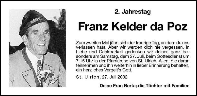  Traueranzeige für Franz Kelder da Poz vom 26.07.2002 aus Dolomiten