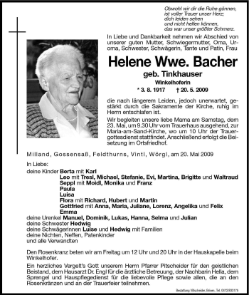 Traueranzeige von Helene Bacher von Dolomiten