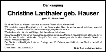Traueranzeige von Christine Lanthaler von Dolomiten