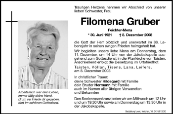 Traueranzeige von Filimena Gruber von Dolomiten