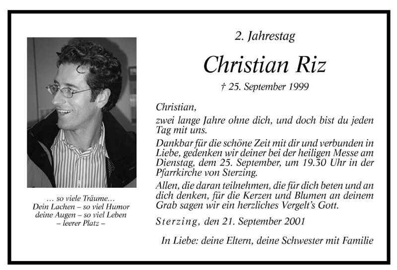  Traueranzeige für Christian Riz vom 21.09.2001 aus Dolomiten