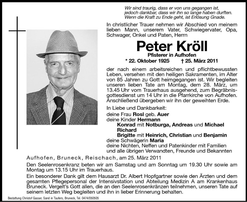  Traueranzeige für Peter Kröll vom 26.03.2011 aus Dolomiten