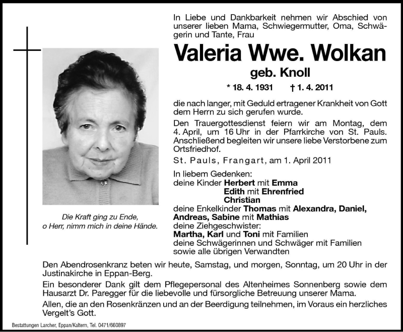  Traueranzeige für Valeria Wolken vom 02.04.2011 aus Dolomiten