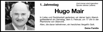 Traueranzeige von Hugo Mair von Dolomiten