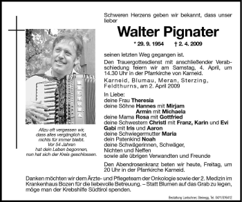 Traueranzeige von Walter Pignater von Dolomiten