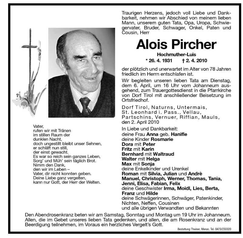 Traueranzeige für Alois Pircher vom 03.04.2010 aus Dolomiten