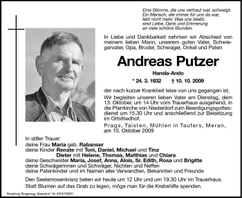 Traueranzeige von Andreas Putzer von Dolomiten