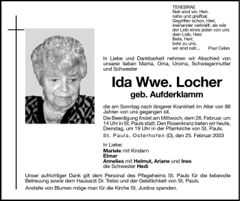 Traueranzeige von Ida Locher von Dolomiten