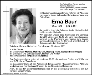 Traueranzeige von Erna Baur von Dolomiten