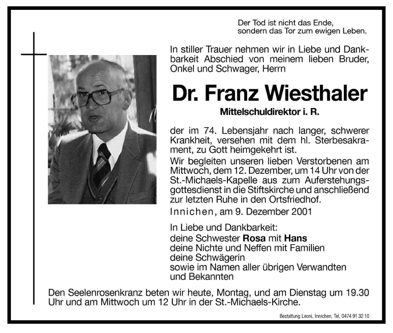  Traueranzeige für Franz Wiesthaler vom 10.12.2001 aus Dolomiten