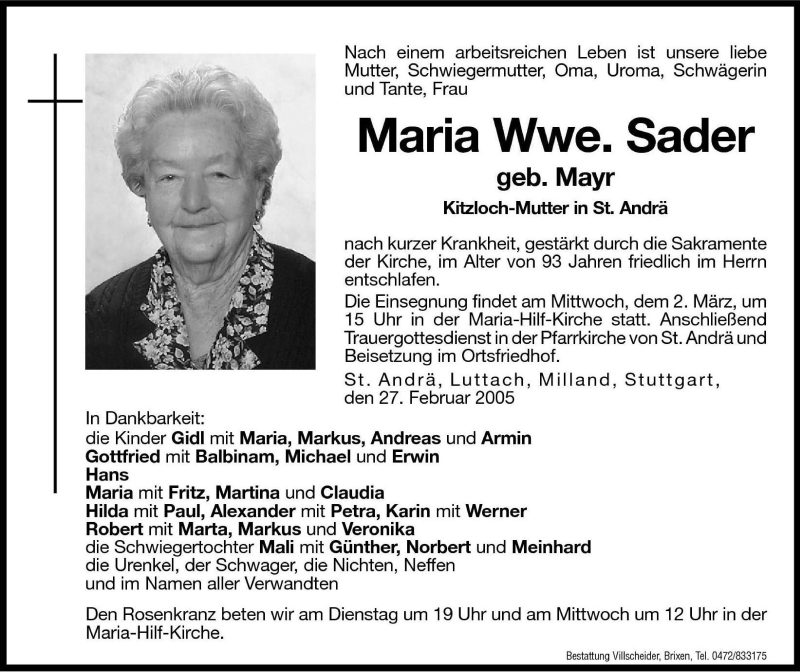  Traueranzeige für Maria Sader vom 28.02.2005 aus Dolomiten