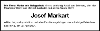 Traueranzeige von Josef Markart von Dolomiten