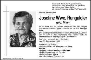 Traueranzeige von Josefine Rungaldier von Dolomiten