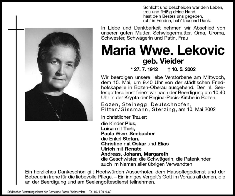  Traueranzeige für Maria Lekovic vom 14.05.2002 aus Dolomiten