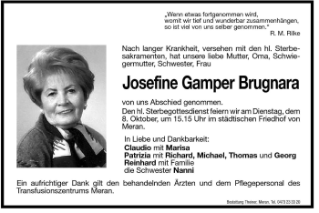 Traueranzeige von Josefine Gamper von Dolomiten