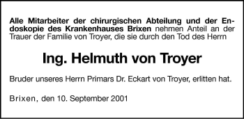 Traueranzeige von Helmuth von Troyer von Dolomiten