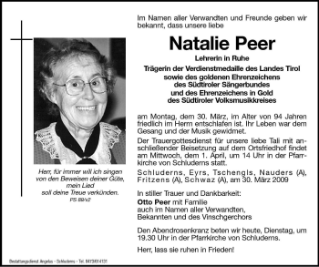 Traueranzeige von Natalie Peer von Dolomiten