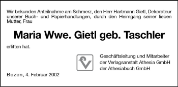 Traueranzeige von Maria Gietl von Dolomiten