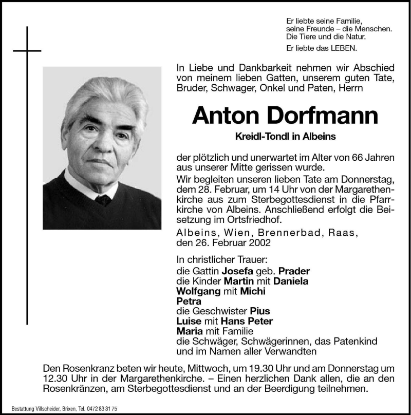  Traueranzeige für Anton Dorfmann vom 27.02.2002 aus Dolomiten