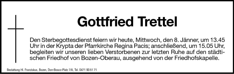  Traueranzeige für Gottfried Trettel vom 08.01.2003 aus Dolomiten