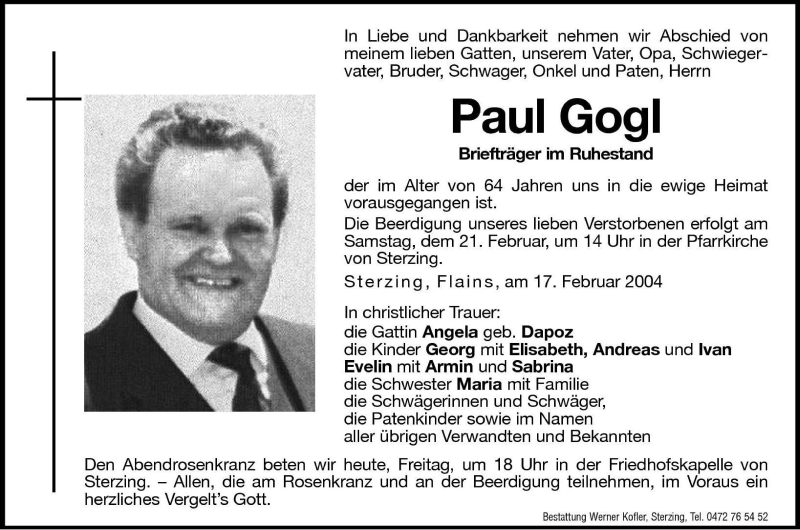  Traueranzeige für Paul Gogl vom 20.02.2004 aus Dolomiten
