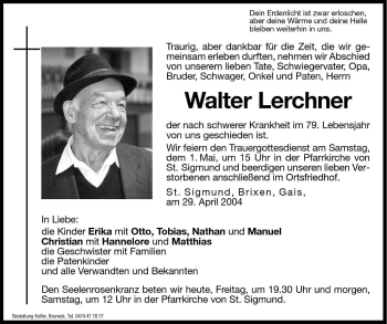Traueranzeige von Walter Lerchner von Dolomiten