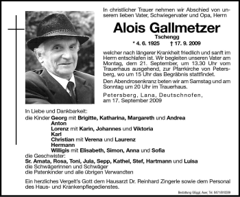 Traueranzeige von Alois Gallmetzer von Dolomiten
