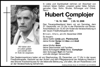 Traueranzeige von Hubert Complojer von Dolomiten